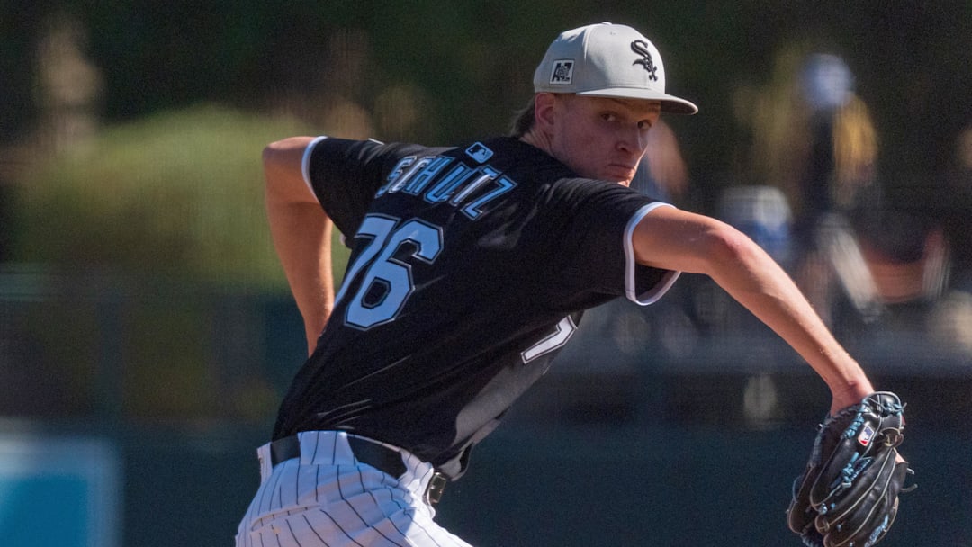 Feb 26, 2025; Phoenix, Arizona, USA; Chicago White Sox pitcher Noah Schultz (76) throws the first pitches of his major league career during the fifth inning of a spring training game against the San Diego Padres at Camelback Ranch. Mandatory Credit: Allan Henry-Imagn Images Feb 26, 2025; Phoenix, Arizona, USA; Chicago White Sox pitcher Noah Schultz (76) throws the first pitches of his major league career during the fifth inning of a spring training game against the San Diego Padres at Camelback Ranch. Mandatory Credit: Allan Henry-Imagn Images