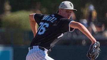 Chicago White Sox pitcher Noah Schultz (76) throws in a spring training game against the San Diego Padres at Camelback Ranch. 