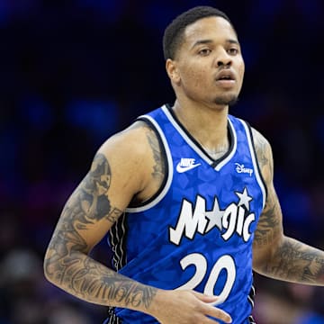 Apr 12, 2024; Philadelphia, Pennsylvania, USA; Orlando Magic guard Markelle Fultz (20) dribbles the ball against the Philadelphia 76ers during the second quarter at Wells Fargo Center. Mandatory Credit: Bill Streicher-Imagn Images