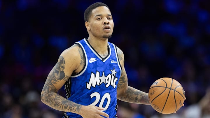 Apr 12, 2024; Philadelphia, Pennsylvania, USA; Orlando Magic guard Markelle Fultz (20) dribbles the ball against the Philadelphia 76ers during the second quarter at Wells Fargo Center. Mandatory Credit: Bill Streicher-Imagn Images