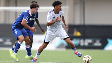 MLS NEXT East defender Chris Applewhite of Nashville SC (3) controls the ball while defended by MLS NEXT  