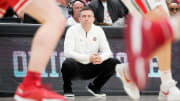 Mar 19, 2024; Columbus, OH, USA; Ohio State Buckeyes head coach Jake Diebler watches during the second half of the NIT basketball game against the Cornell Big Red at Value City Arena. Ohio State won 88-83.
