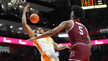 Tennessee's Chaz Lanier (2) takes a shot during a men’s college basketball game between Tennessee and South Carolina at Thompson-Boling Arena at Food City Center, Saturday, March 8, 2025.
