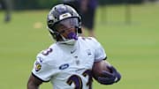 Jul 24, 2025; Owings Mills, MD, USA; Baltimore Ravens cornerback Jaire Alexander (23) runs drills during training camp at the Under Armour Performance Center. Mandatory Credit: Mitch Stringer-Imagn Images