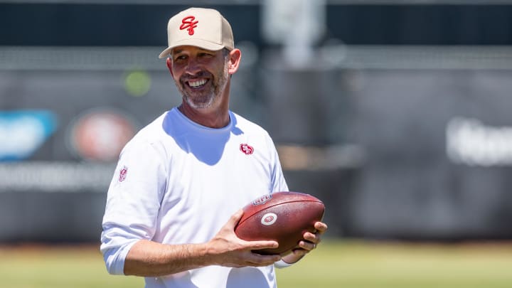 May 10, 2024; Santa Clara, CA, USA; San Francisco 49ers head coach Kyle Shanahan watches during the 49ers rookie minicamp at Levi’s Stadium in Santa Clara, CA. Mandatory Credit: Robert Kupbens-USA TODAY Sports