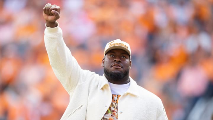 Tennessee alum Trey Smith is honored on the field during a football game between Tennessee and Texas A&M at Neyland Stadium in Knoxville, Tenn., on Saturday, Oct. 14, 2023.