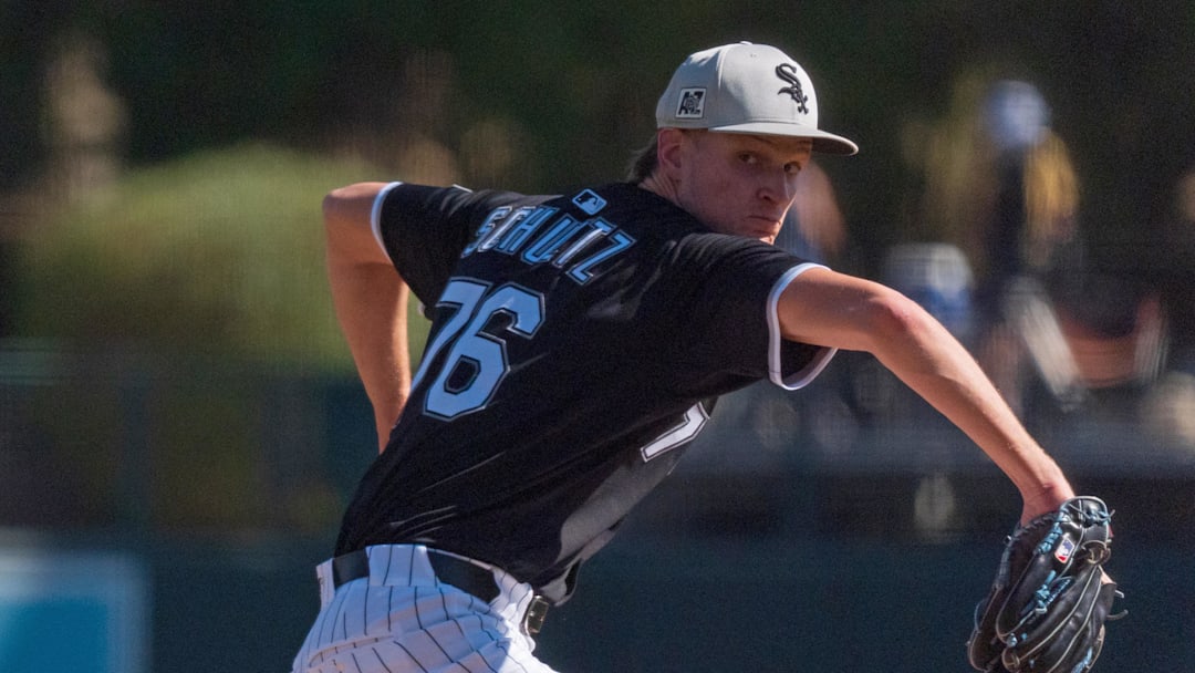 Feb 26, 2025; Phoenix, Arizona, USA; Chicago White Sox pitcher Noah Schultz (76) throws the first pitches of his major league career during the fifth inning of a spring training game against the San Diego Padres at Camelback Ranch. Mandatory Credit: Allan Henry-Imagn Images 