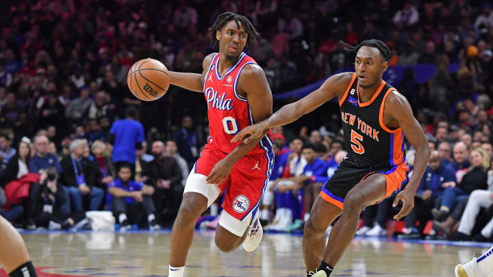 Feb 10, 2023; Philadelphia, Pennsylvania, USA; Philadelphia 76ers guard Tyrese Maxey (0) drives to the basket against New York Knicks guard Immanuel Quickley (5) during the third quarter at Wells Fargo Center. Mandatory Credit: Eric Hartline-USA TODAY Sports