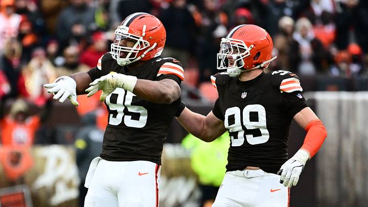 Former Cleveland Browns defensive ends Myles Garrett and Cameron Thomas 