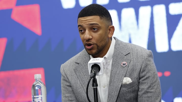 Jan 9, 2026; Washington, District of Columbia, USA; Washington Wizards general manager Will Dawkins  introduces newly acquired Wizards guard Trae Young (not pictured) at a press conference prior to the Wizards' game against the New Orleans Pelicans at Capital One Arena. Mandatory Credit: Geoff Burke-Imagn Images