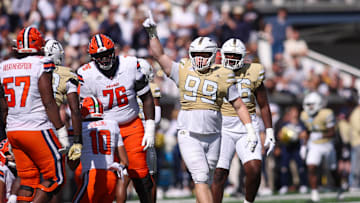 Oct 25, 2025; Atlanta, Georgia, USA; Georgia Tech Yellow Jackets defensive tackle Jordan van den Berg (99) reacts after a tackle against the Syracuse Orange in the second quarter at Bobby Dodd Stadium at Hyundai Field. Mandatory Credit: Brett Davis-Imagn Images
