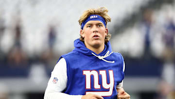 Sep 14, 2025; Arlington, Texas, USA; New York Giants quarterback Jaxson Dart (6) warms up before the game against the Dallas Cowboys at AT&T Stadium. Mandatory Credit: Kevin Jairaj-Imagn Images