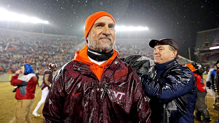 Nov 23, 2019; Blacksburg, VA, USA; Virginia Tech Hokies defensive coordinator Bud Foster walks off the field after the game against the Pittsburgh Panthers at Lane Stadium. Mandatory Credit: Peter Casey-Imagn Images