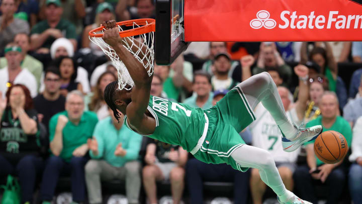 Boston Celtics guard Jaylen Brown dunks against the Dallas Mavericks during Game 5