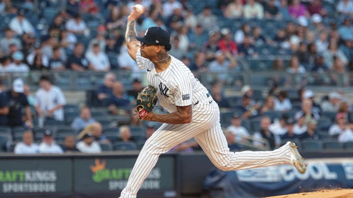 Aug 20, 2024; Bronx, New York, USA; New York Yankees starting pitcher Luis Gil (81) delivers a pitch during the first inning against the Cleveland Guardians at Yankee Stadium. Mandatory Credit: Vincent Carchietta-USA TODAY Sports