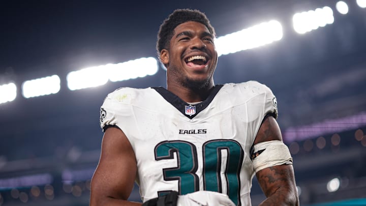Aug 7, 2025; Philadelphia, Pennsylvania, USA; Philadelphia Eagles linebacker Jihaad Campbell (30) reacts as he walks off the field after a victory against the Cincinnati Bengals at Lincoln Financial Field. Mandatory Credit: Bill Streicher-Imagn Images