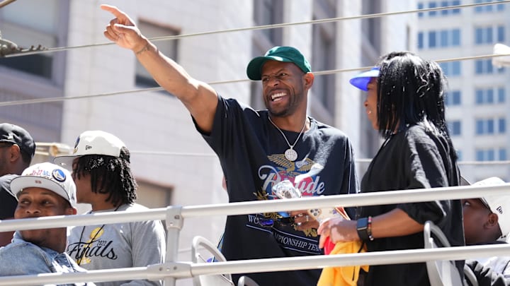 Jun 20, 2022; San Francisco, CA, USA; Golden State Warriors forward Andre Iguodala gestures during the Golden State Warriors championship parade in downtown San Francisco. Mandatory Credit: Darren Yamashita-Imagn Images Jun 20, 2022; San Francisco, CA, USA; Golden State Warriors forward Andre Iguodala gestures during the Golden State Warriors championship parade in downtown San Francisco. Mandatory Credit: Darren Yamashita-Imagn Images