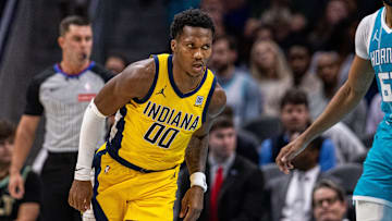 Nov 8, 2024; Charlotte, North Carolina, USA; Indiana Pacers guard Bennedict Mathurin (00) during the first quarter against the Charlotte Hornets at Spectrum Center. Mandatory Credit: Scott Kinser-Imagn Images