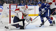 May 14, 2025; Toronto, Ontario, CAN; Florida Panthers goaltender Sergei Bobrovsky (72) makes a save against Toronto Maple Leafs forward Mitch Marner (16) during the third period of game five of the second round of the 2025 Stanley Cup Playoffs at Scotiabank Arena. Mandatory Credit: John E. Sokolowski-Imagn Images
