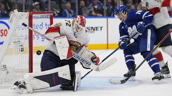 May 14, 2025; Toronto, Ontario, CAN; Florida Panthers goaltender Sergei Bobrovsky (72) makes a save against Toronto Maple Leafs forward Mitch Marner (16) during the third period of game five of the second round of the 2025 Stanley Cup Playoffs at Scotiabank Arena. Mandatory Credit: John E. Sokolowski-Imagn Images