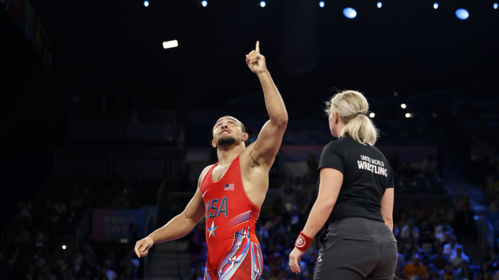 Former Penn State wrestler Aaron Brooks reacts after winning a match in the 286 kg men's freestyle weight class at the 2024 Paris Olympics.