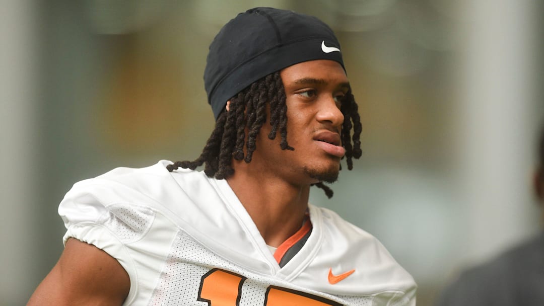 Tennessee’s Chris Brazzell II (17) during Tennessee football’s first fall practice, in Knoxville, Tenn., Wednesday, July 31, 2024.