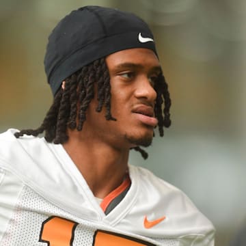 Tennessee’s Chris Brazzell II (17) during Tennessee football’s first fall practice, in Knoxville, Tenn., Wednesday, July 31, 2024.