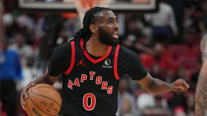 Apr 14, 2024; Miami, Florida, USA;  Toronto Raptors guard Javon Freeman-Liberty (0) calls out a play during the second half against the Miami Heat at Kaseya Center. Mandatory Credit: Jim Rassol-USA TODAY Sports