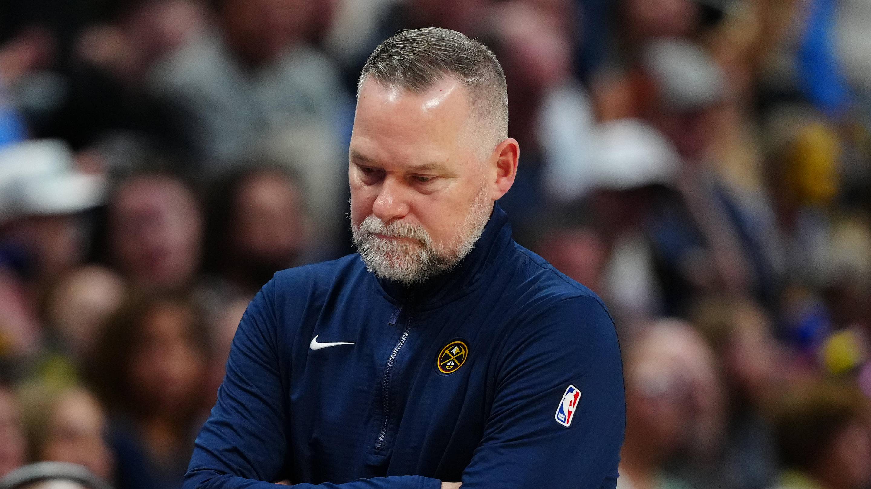 Apr 6, 2025; Denver, Colorado, USA; Denver Nuggets head coach Michael Malone during the third quarter against the Indiana Pacers at Ball Arena. Mandatory Credit: Ron Chenoy-Imagn Images