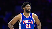 Feb 20, 2025; Philadelphia, Pennsylvania, USA; Philadelphia 76ers center Joel Embiid (21) looks on during the third quarter against the Boston Celtics at Wells Fargo Center. Mandatory Credit: Bill Streicher-Imagn Images