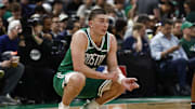 Apr 23, 2025; Boston, Massachusetts, USA; Boston Celtics guard Payton Pritchard (11) looks on during the second quarter of game two of the first round of the 2024 NBA Playoffs against the Orlando Magic at TD Garden. Mandatory Credit: Winslow Townson-Imagn Images