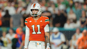 Aug 31, 2025; Miami Gardens, Florida, USA; Miami Hurricanes quarterback Carson Beck (11) during the first quarter at Hard Rock Stadium. Mandatory Credit: Sam Navarro-Imagn Images