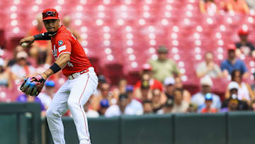 Jul 13, 2025; Cincinnati, Ohio, USA; Cincinnati Reds third baseman Santiago Espinal (4) throws to first to get Colorado Rockies shortstop Ryan Ritter (not pictured) out in the third inning at Great American Ball Park. Mandatory Credit: Katie Stratman-Imagn Images