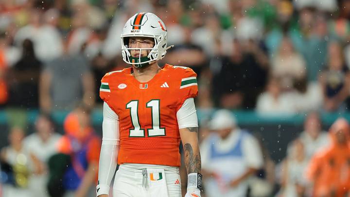 Aug 31, 2025; Miami Gardens, Florida, USA; Miami Hurricanes quarterback Carson Beck (11) during the first quarter at Hard Rock Stadium. Mandatory Credit: Sam Navarro-Imagn Images
