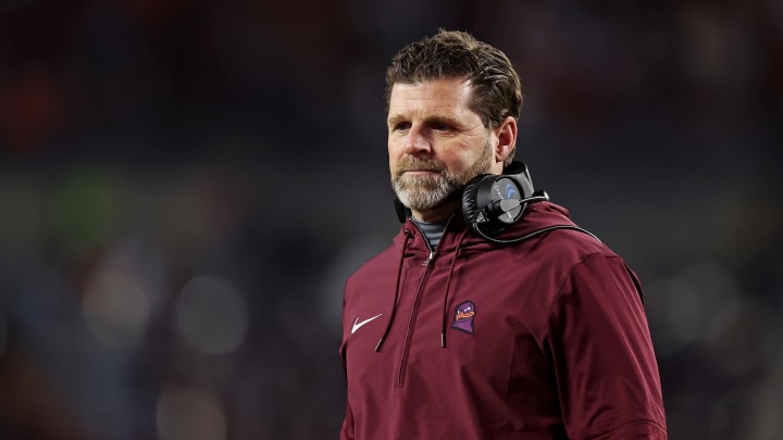 Nov 18, 2023; Blacksburg, Virginia, USA; Virginia Tech Hokies head coach Brent Pry looks on during the game against the North Carolina State Wolfpack at Lane Stadium. Mandatory Credit: Peter Casey-USA TODAY Sports