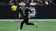 Oct 26, 2025; New Orleans, Louisiana, USA; New Orleans Saints quarterback Tyler Shough (6) runs for a gain during the fourth quarter against the Tampa Bay Buccaneers at Caesars Superdome. Mandatory Credit: Stephen Lew-Imagn Images