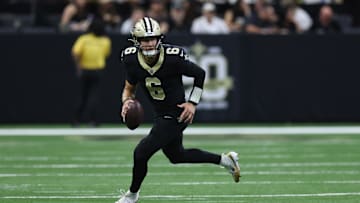 Oct 26, 2025; New Orleans, Louisiana, USA; New Orleans Saints quarterback Tyler Shough (6) runs for a gain during the fourth quarter against the Tampa Bay Buccaneers at Caesars Superdome. Mandatory Credit: Stephen Lew-Imagn Images