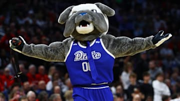 Mar 22, 2025; Wichita, KS, USA; Drake Bulldogs mascot Spike performs during a break in play against the Texas Tech Red Raiders during the first half at Intrust Bank Arena. Mandatory Credit: Nick Tre. Smith-Imagn Images