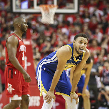 Golden State Warriors guard Stephen Curry (30) and Houston Rockets guard James Harden (13) during the 2019 NBA Playoffs at Toyota Center. 