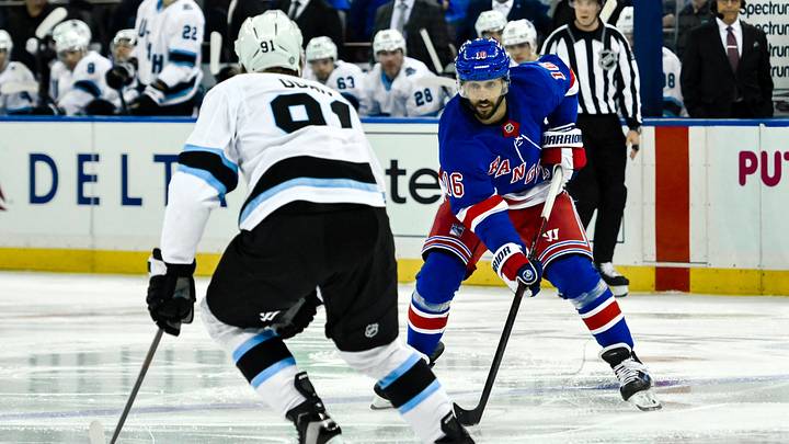 Oct 12, 2024; New York, New York, USA; New York Rangers center Vincent Trocheck (16) skates with the puck against Utah Hockey Club right wing Josh Doan (91) during the second period at Madison Square Garden. Mandatory Credit: John Jones-Imagn Images Oct 12, 2024; New York, New York, USA; New York Rangers center Vincent Trocheck (16) skates with the puck against Utah Hockey Club right wing Josh Doan (91) during the second period at Madison Square Garden. Mandatory Credit: John Jones-Imagn Images