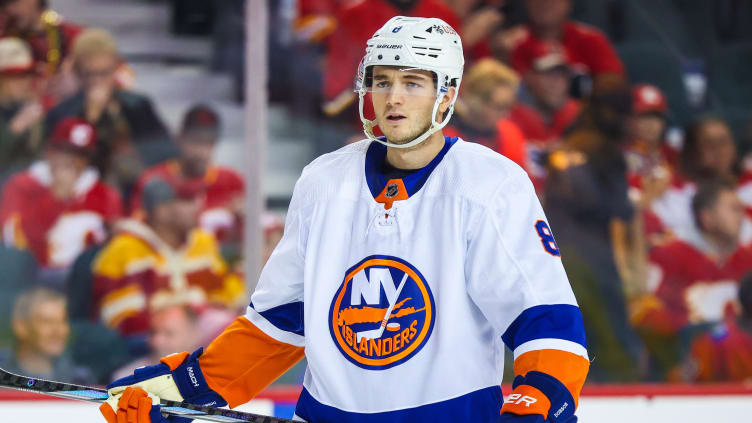 Nov 18, 2023; Calgary, Alberta, CAN; New York Islanders defenseman Noah Dobson (8) during the face