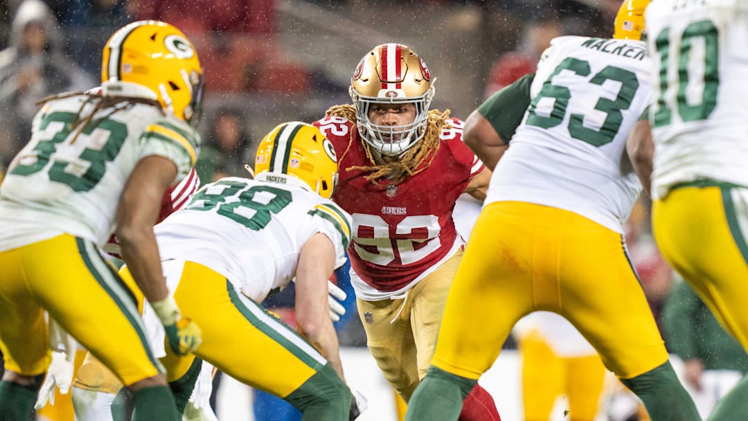 Former San Francisco 49ers defensive end Chase Young against the Packers in the 2023 playoffs.