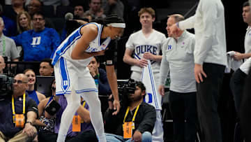 Mar 13, 2025; Charlotte, NC, USA; Duke basketball forward Maliq Brown (6) is hurt in the first half at Spectrum Center.