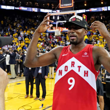 Jun 13, 2019; Oakland, CA, USA; Toronto Raptors center Serge Ibaka (9) celebrates after beating the Golden State Warriors in game six of the 2019 NBA Finals to win the NBA Championship at Oracle Arena. Mandatory Credit: Kyle Terada-USA TODAY Sports