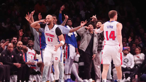 Apr 6, 2024; Brooklyn, New York, USA; Detroit Pistons forward Taj Gibson (67) reacts to making a three-point basket against the Brooklyn Nets during the second half at Barclays Center. Mandatory Credit: Gregory Fisher-USA TODAY Sports