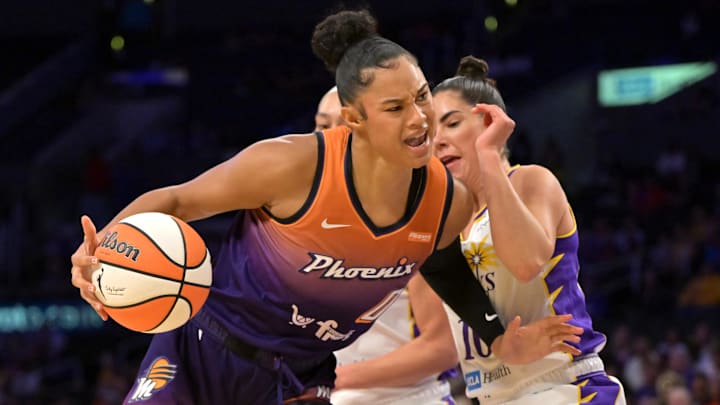 Aug 26, 2025; Los Angeles, California, USA; Phoenix Mercury forward Satou Sabally (0) is defended by Los Angeles Sparks guard Kelsey Plum (10) as she drives to the basket during the first half at Crypto.com Arena. Mandatory Credit: Jayne Kamin-Oncea-Imagn Images Aug 26, 2025; Los Angeles, California, USA; Phoenix Mercury forward Satou Sabally (0) is defended by Los Angeles Sparks guard Kelsey Plum (10) as she drives to the basket during the first half at Crypto.com Arena. Mandatory Credit: Jayne Kamin-Oncea-Imagn Images