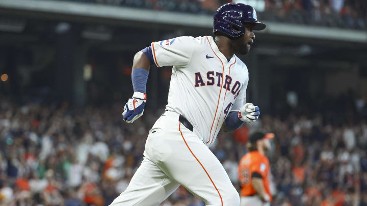 Jun 22, 2024; Houston, Texas, USA; Baltimore Orioles starting pitcher Corbin Burnes (39) reacts and Houston Astros designated hitter Yordan Alvarez (44) rounds the bases after hitting a home run during the third inning at Minute Maid Park. Mandatory Credit: Troy Taormina-USA TODAY Sports
