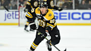Feb 27, 2025; Boston, Massachusetts, USA; Boston Bruins left wing Brad Marchand (63) skates with the puck during the third period against the New York Islanders at TD Garden. Mandatory Credit: Bob DeChiara-Imagn Images