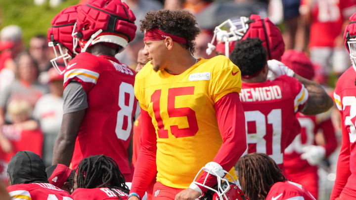 Jul 26, 2024; Kansas City, MO, USA; Kansas City Chiefs quarterback Patrick Mahomes (15) watches drills during training camp at Missouri Western State University. Mandatory Credit: Denny Medley-USA TODAY Sports