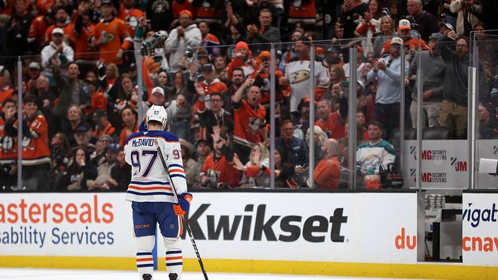 Apr 24, 2026; Anaheim, California, USA;  Edmonton Oilers center Connor McDavid (97) heads to a penalty box during the third period against the Anaheim Ducks in game three of the first round of the 2026 Stanley Cup Playoffs at Honda Center. Mandatory Credit: Kiyoshi Mio-Imagn Images